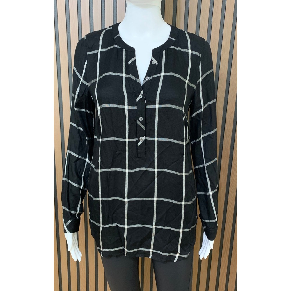 Talbots Women's XS Black White Windowpane Plaid Button Split Neck Tunic Top